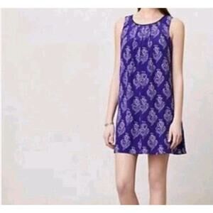 Anthropologie Maeve Petal Stamp Purple White Silk Tunic Dress Block Print Sz M